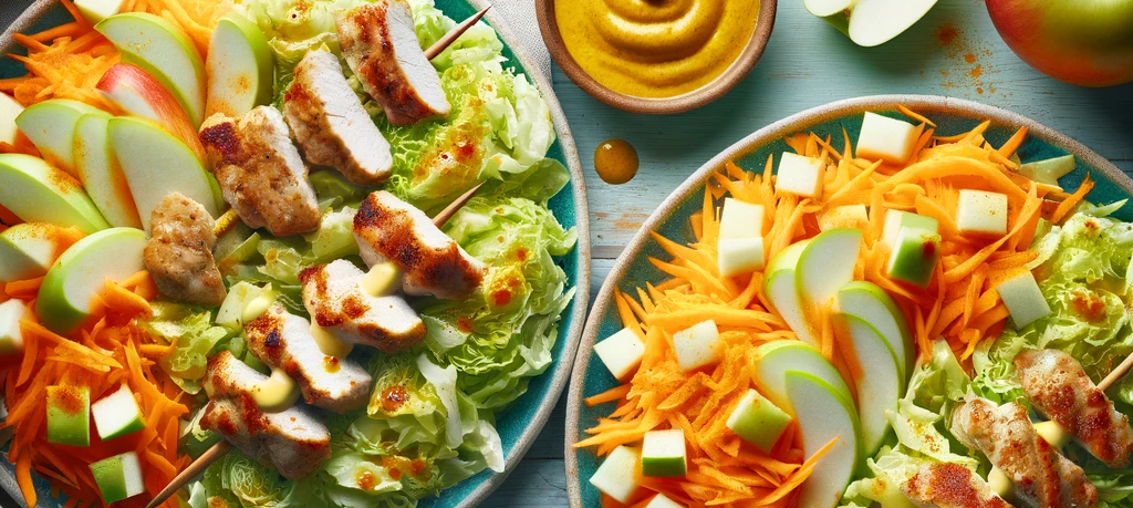 DALL·E 2023-11-19 18.39.11 - Three plates of salad consisting of green pointy cabbage, apple pieces, and grated carrot, mixed together. Each plate is topped with chicken kebab and